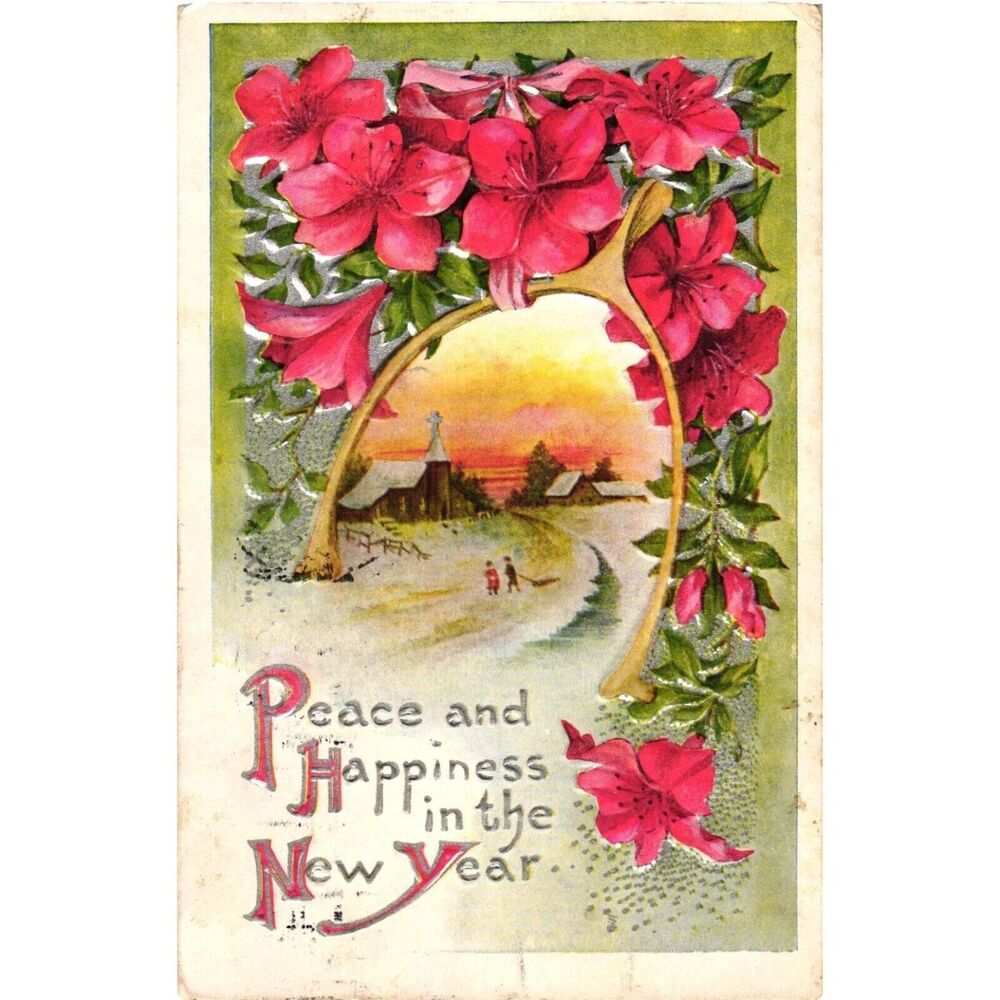 Peace and Happiness in the New Year Wishbone Luck Postcard‎ Embossed Posted 1909